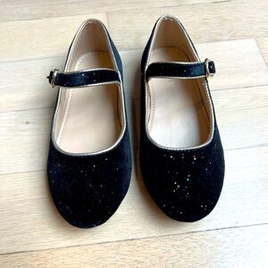 J Crew Factory black velvet mary jane flats with gold trim and buckle, size 12